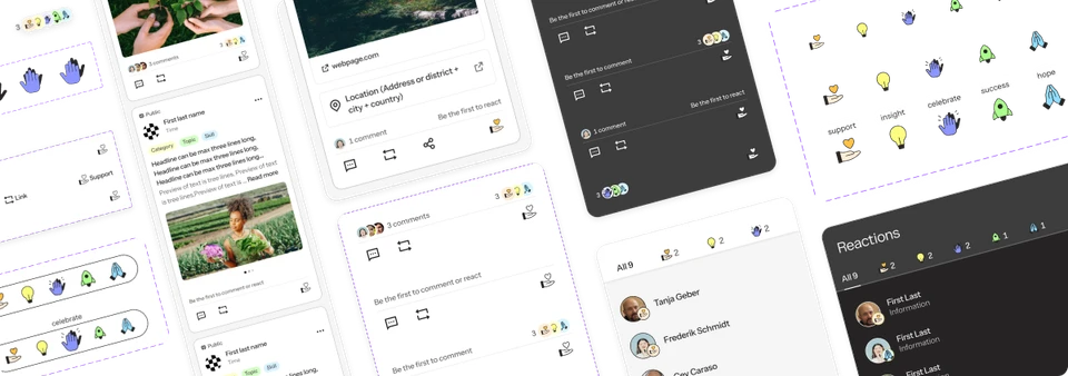 Mockup screens of the extended reactions feature for a social feed